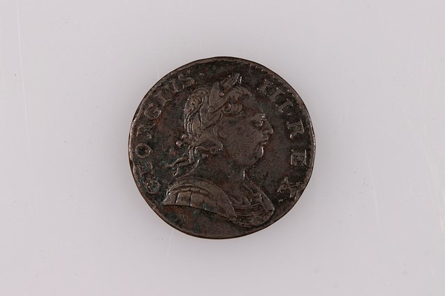 Copper English half penny dating from the reign of King George III. Object ID 1999.1362.002. Courtesy of The Fort Ticonderoga Museum Collection.