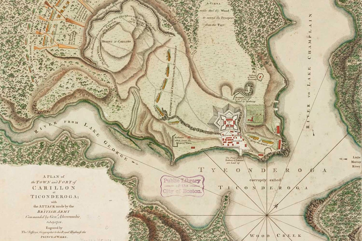 Jefferys, Thomas, -1771. “A plan of the town and Fort of Carillon at Ticonderoga.” Map. London: Thos. Jefferys, [1758]. Norman B. Leventhal Map & Education Center, https://collections.leventhalmap.org/search/commonwealth:9s1618735 (accessed April 29, 2025).