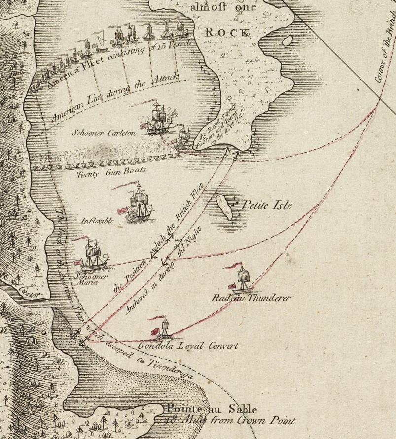 Detail from “The attack and defeat of the American fleet under Benedict Arnold, by the kings fleet commanded by Captn. Thos. Pringle, upon Lake Champlain, the 11th of October, 1776 : From a sketch taken by an officer on the spot.”. https://quod.lib.umich.edu/w/wcl1ic/x-784/wcl000878. In the digital collection William L. Clements Library Image Bank. William L. Clements Library, University of Michigan Library Digital Collections.