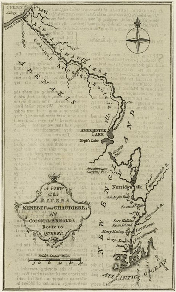 The Miriam and Ira D. Wallach Division of Art, Prints and Photographs: Print Collection, The New York Public Library. “A view of the rivers Kenebec and Chaudiere, with Colonel Arnold’s route to Quebec.” New York Public Library Digital Collections.