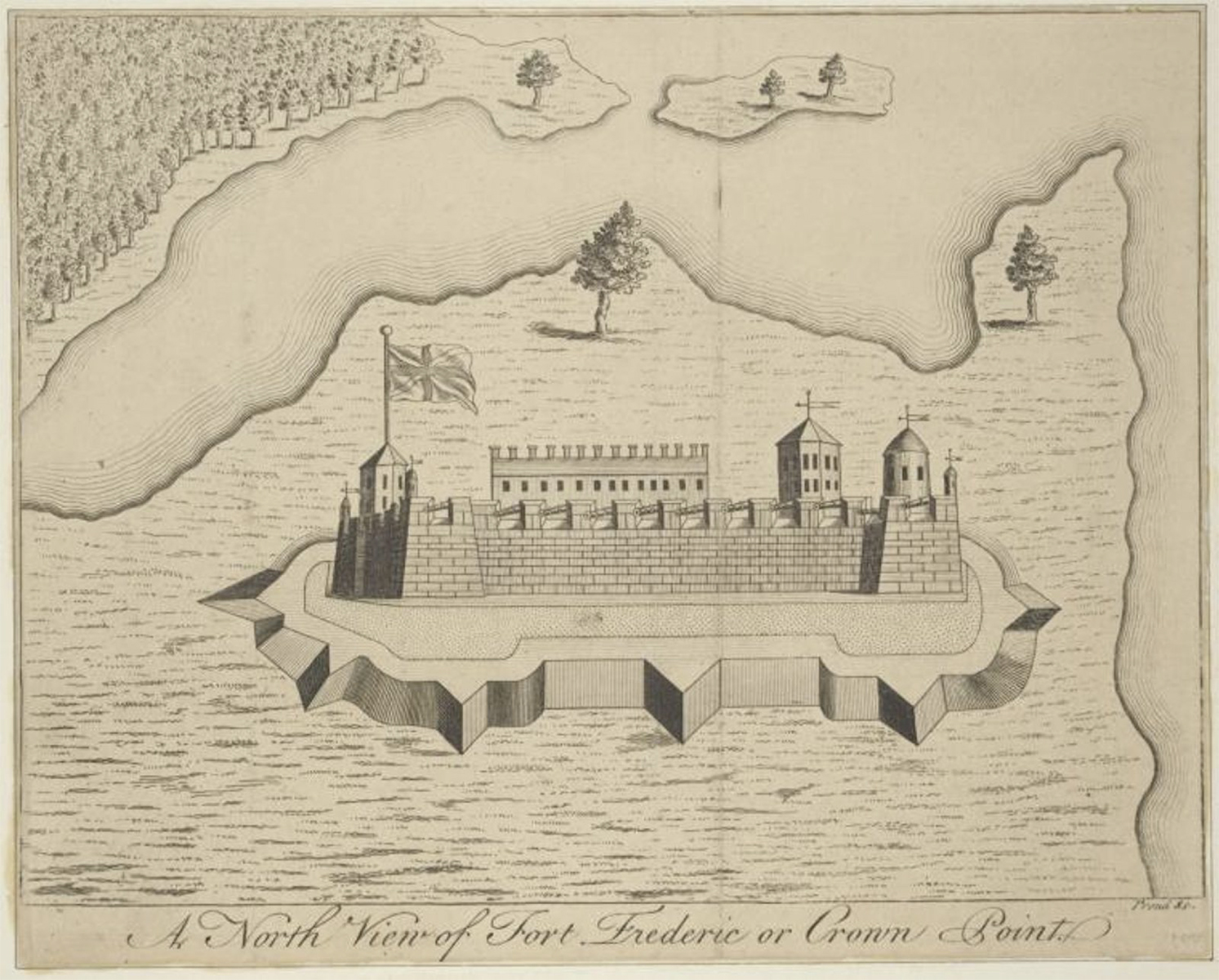 The Miriam and Ira D. Wallach Division of Art, Prints and Photographs: Print Collection, The New York Public Library. “A north view of Fort Frederic or Crown Point” New York Public Library Digital Collections. Images shows the fort before its destruction.