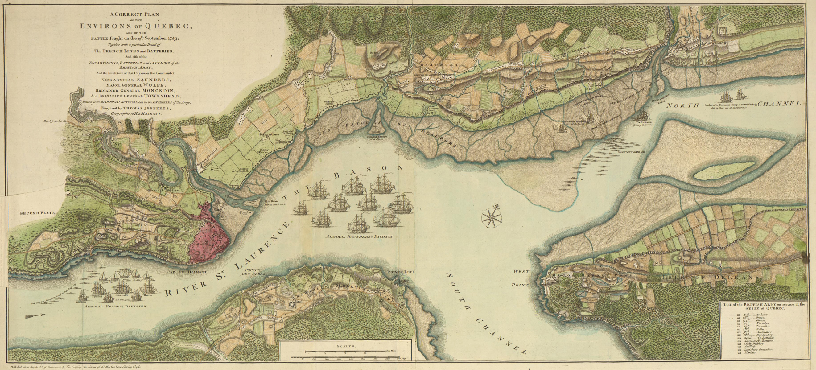 “A correct plan of the environs of Quebec, and of the battle fought on the 13th September, 1759 : Together with a particular detail of the French lines and batteries, and also of the encampments, batteries and attacks of the British army, and the investiture of that city under the command of Vice Admiral Saunders, Major General Wolfe, Brigadier General Monckton, and Brigadier General Townshend drawn from the original surveys taken by the engineers of the army.”. https://quod.lib.umich.edu/w/wcl1ic/x-591/wcl000697. In the digital collection William L. Clements Library Image Bank. William L. Clements Library, University of Michigan Library Digital Collections.