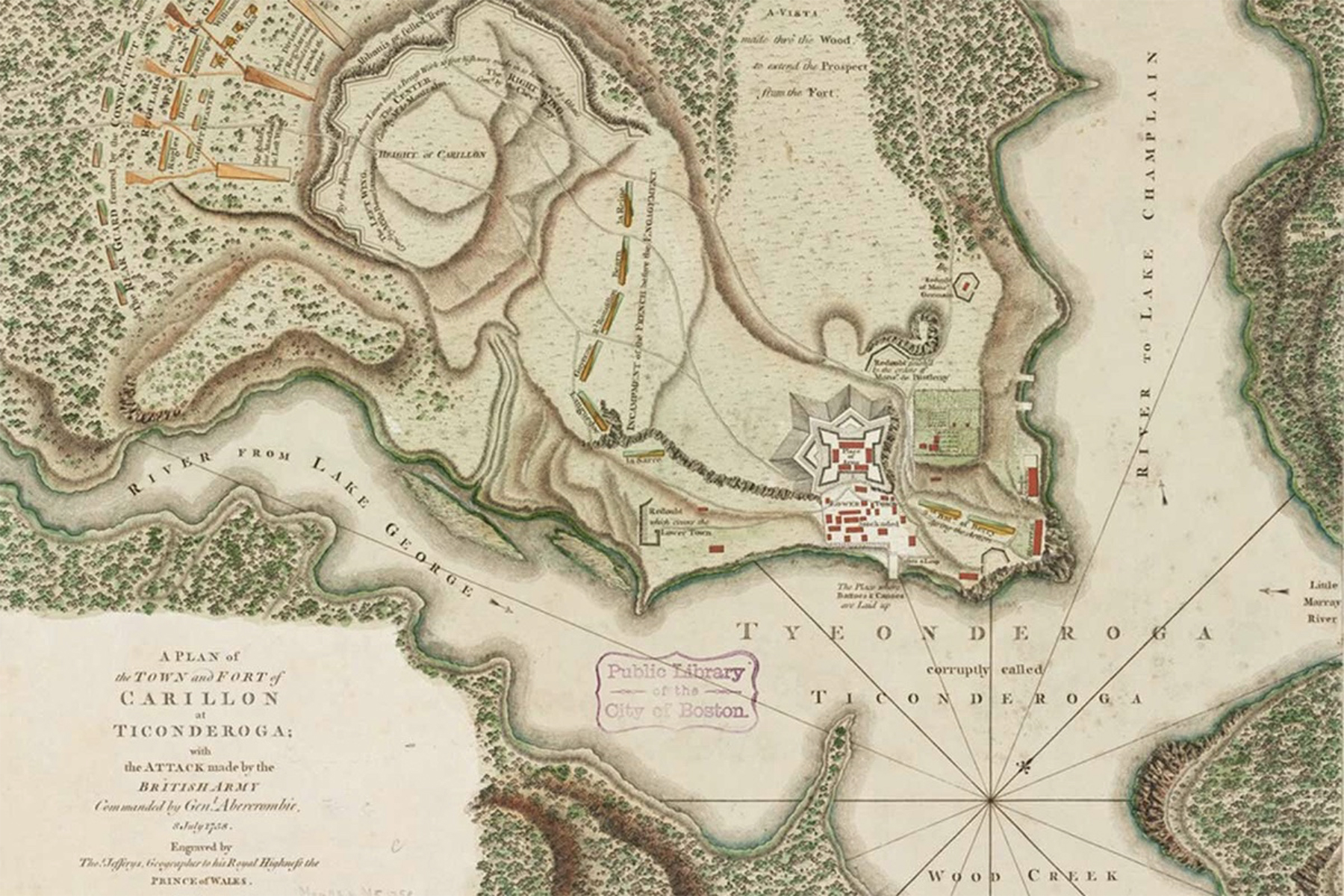 Jefferys, Thomas, -1771. “A plan of the town and Fort of Carillon at Ticonderoga.” Map. London: Thos. Jefferys, [1758]. Norman B. Leventhal Map & Education Center, https://collections.leventhalmap.org/search/commonwealth:9s1618735 (accessed April 29, 2025).