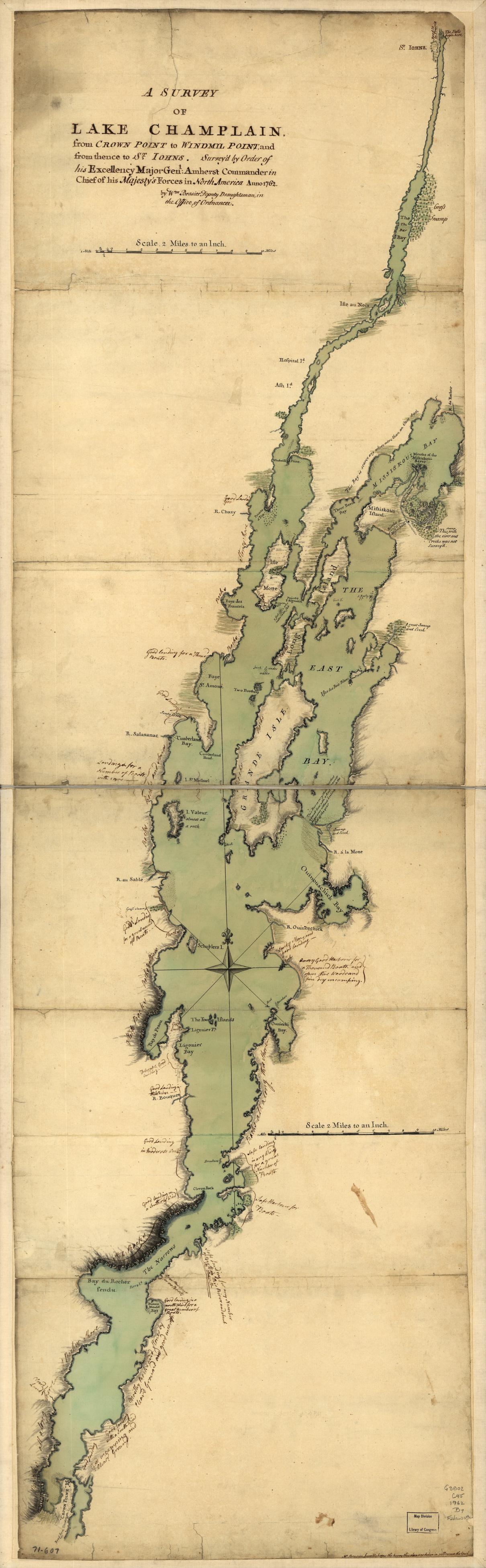 Brasier, William. A survey of Lake Champlain, from Crown Point to Windmil Point, and from thence to St. Iohns. [1762] Map. https://www.loc.gov/item/gm71000607/.