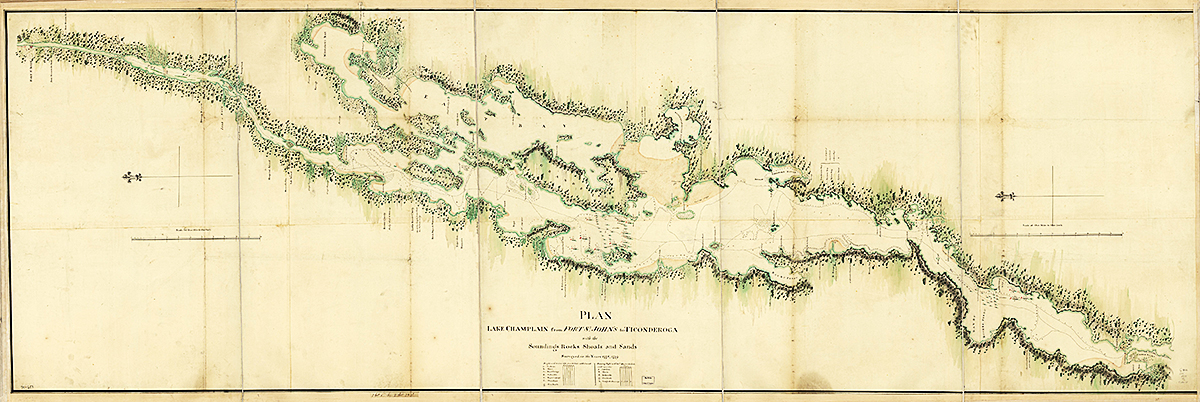 Plan, Lake Champlain from Fort St. John’s to Ticonderoga, with the soundings, rocks, shoals, and sands, surveyed in the years , 1779. [1779] Map. https://www.loc.gov/item/gm71000657/.