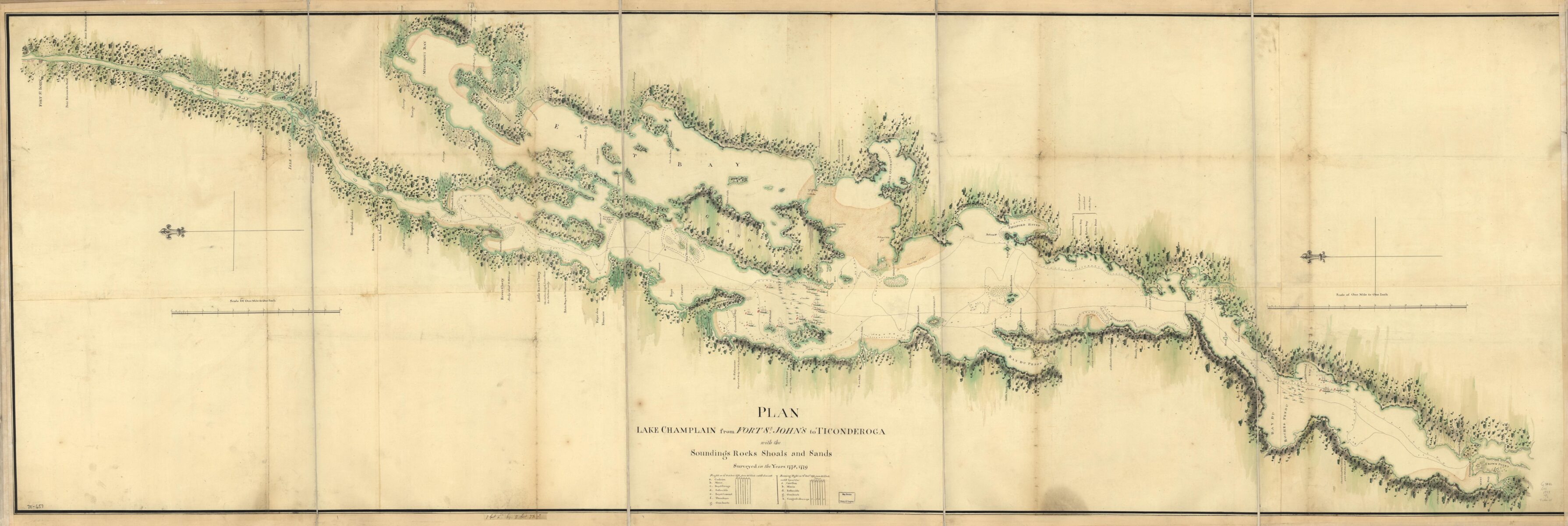Plan, Lake Champlain from Fort St. John’s to Ticonderoga, with the soundings, rocks, shoals, and sands, surveyed in the years , 1779. [1779] Map. https://www.loc.gov/item/gm71000657/.