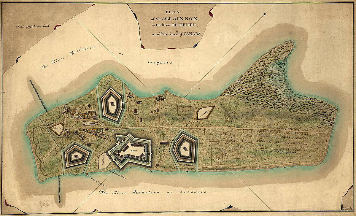 Walker, Thomas, active 18th century. “Plan of the Isle aux Noix, in the River Richelieu, and Province of Canada.” Map. [1760?]. Norman B. Leventhal Map & Education Center, https://collections.leventhalmap.org/search/commonwealth:q524n7219 (accessed April 29, 2025).