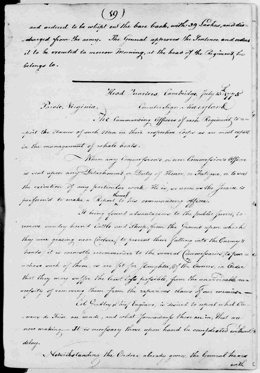 Washington, George. George Washington Papers, Series 3, Varick Transcripts, -1785, Subseries 3G, General Orders, -1783, Letterbook 1: July 3,- Sept. 30, 1776. July 15, 1775, 1775. Manuscript/Mixed Material. Library of Congress.