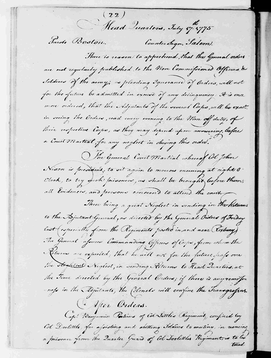 Washington, George. George Washington Papers, Series 3, Varick Transcripts, -1785, Subseries 3G, General Orders, -1783, Letterbook 1: July 3,- Sept. 30, 1776. July 17, 1775, 1775. Manuscript/Mixed Material. Library of Congress.