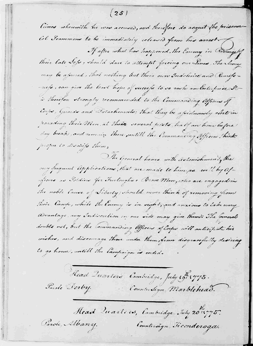 Washington, George. George Washington Papers, Series 3, Varick Transcripts, -1785, Subseries 3G, General Orders, -1783, Letterbook 1: July 3,- Sept. 30, 1776. July 20, 1775, 1775. Manuscript/Mixed Material. Library of Congress.