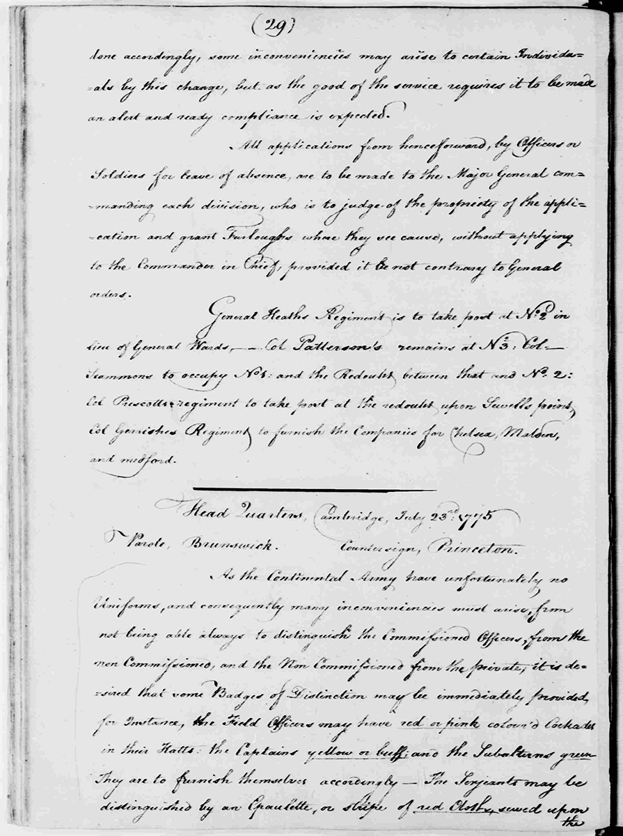 Washington, George. George Washington Papers, Series 3, Varick Transcripts, -1785, Subseries 3G, General Orders, -1783, Letterbook 1: July 3,- Sept. 30, 1776. July 23, 1775, 1775. Manuscript/Mixed Material. Library of Congress.