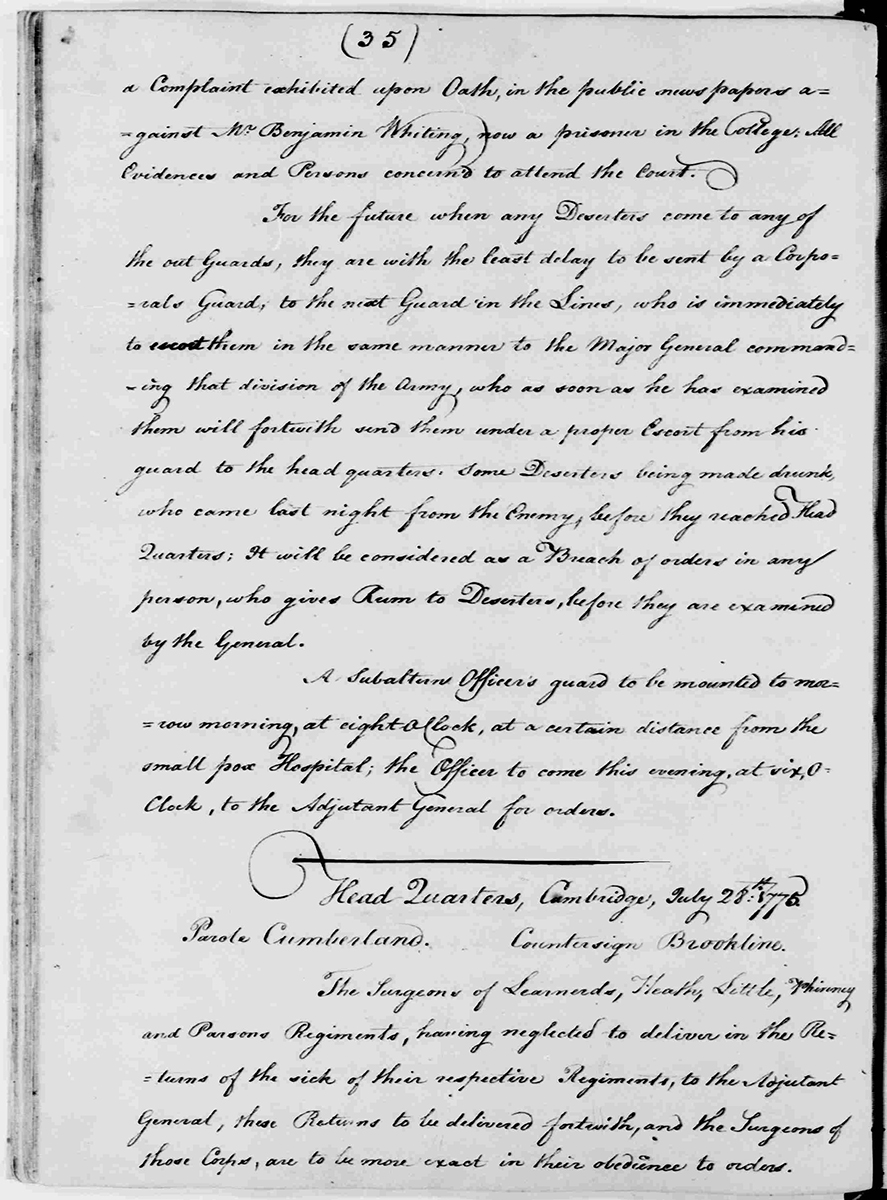 Washington, George. George Washington Papers, Series 3, Varick Transcripts, -1785, Subseries 3G, General Orders, -1783, Letterbook 1: July 3,- Sept. 30, 1776. July 27, 1775, 1775. Manuscript/Mixed Material. Library of Congress.