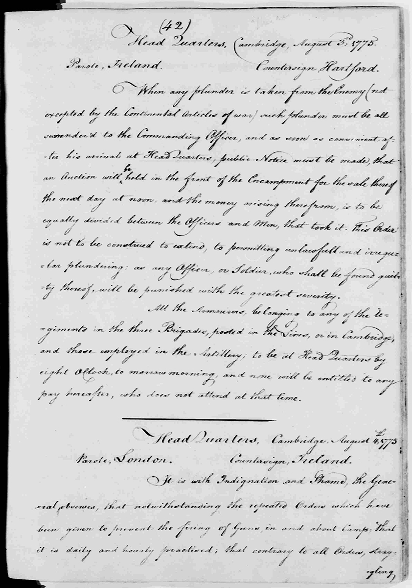 Washington, George. George Washington Papers, Series 3, Varick Transcripts, -1785, Subseries 3G, General Orders, -1783, Letterbook 1: July 3,- Sept. 30, 1776. August 5, 1775, 1775. Manuscript/Mixed Material. Library of Congress.