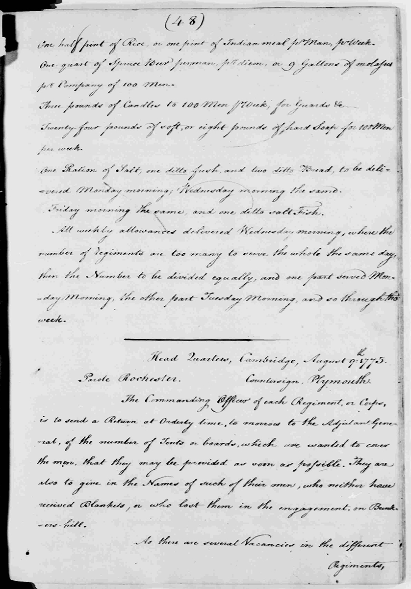 Washington, George. George Washington Papers, Series 3, Varick Transcripts, -1785, Subseries 3G, General Orders, -1783, Letterbook 1: July 3,- Sept. 30, 1776. August 9, 1775, 1775. Manuscript/Mixed Material. Library of Congress.