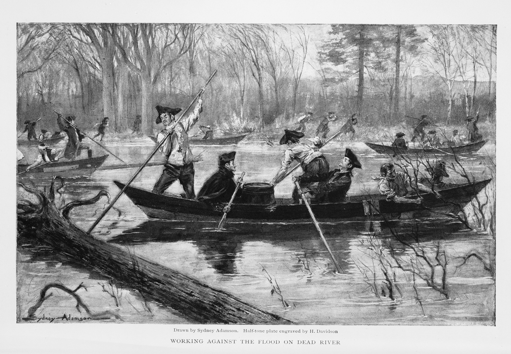Davidson, Harry, Engraver. Working against the flood on Dead River / drawn by Sydney Adamson ; half-tone plate engraved by H. Davidson. Maine United States, 1903. [Published] Photograph.