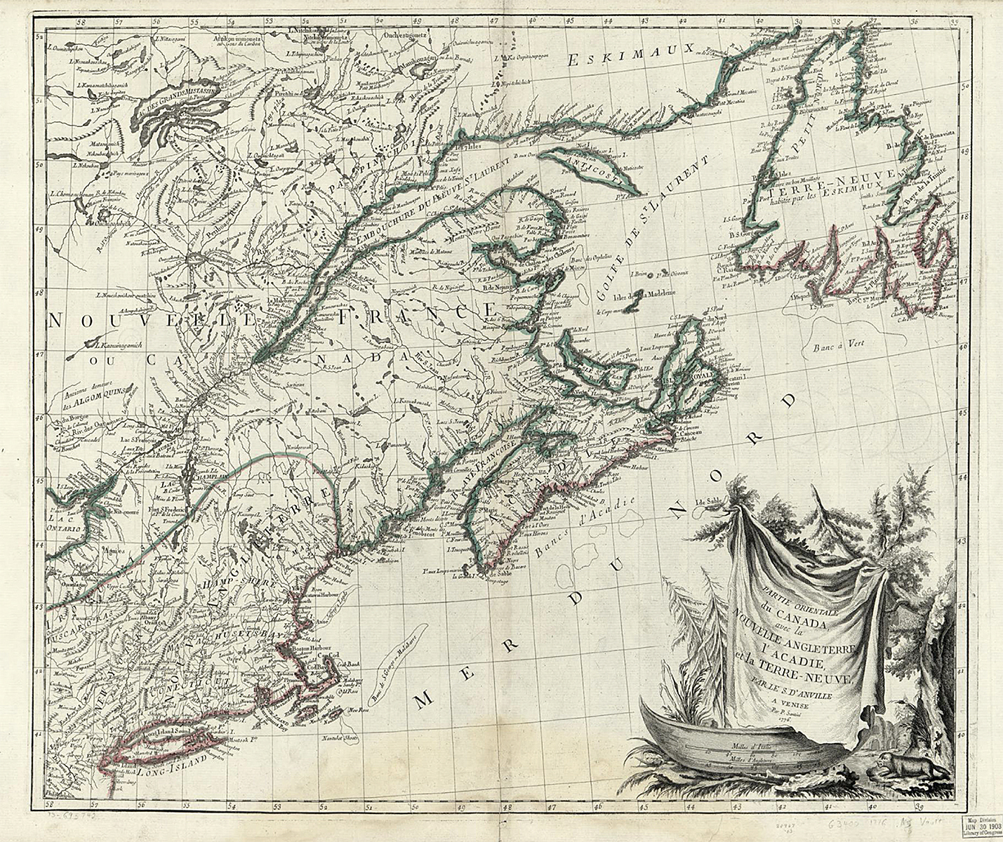Anville, Jean Baptiste Bourguignon D’, and P Santini. Partie orientale du Canada, avec la Nouvelle Angleterre, l’Acadie, et la Terre-Neuve. Venise, Par P. Santini, 1776. Map. https://www.loc.gov/item/73695742/.