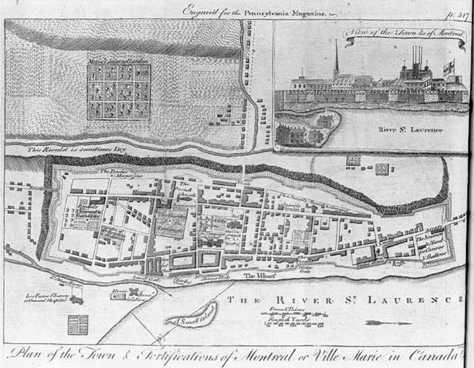 Aitken, Robert, Engraver. Plan of the town & fortifications of Montreal or ville Marie in Canada – view of the town &c of Montreal / Aitkin sc. Montréal United States Québec, 1775. Photograph. Library of Congress.