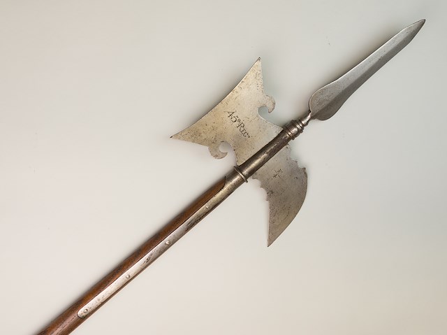 British Sergeant’s halberd with wood haft and iron and steel pole tip. Object ID 2022.2.419. Courtesy of the Fort Ticonderoga Museum Collection.