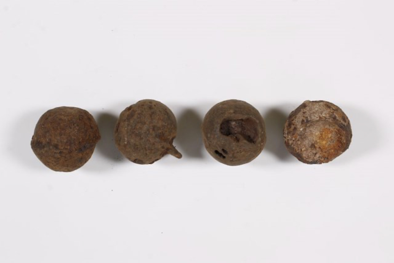 Grapeshot approximately 1.211″ diameter and weighing approximately 4 ounces. Object ID 2017.B.841. Courtesy of the Fort Ticonderoga Museum Collection.