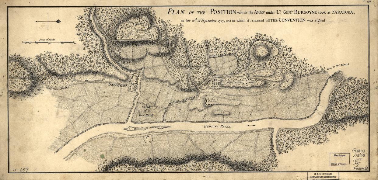 Plan of the position which the army under Lt. Genl. Burgoyne took at Saratoga, on the 10th of September [October] , and in which it remained till the convention was signed. [?, 1777] Map. Library of Congress.