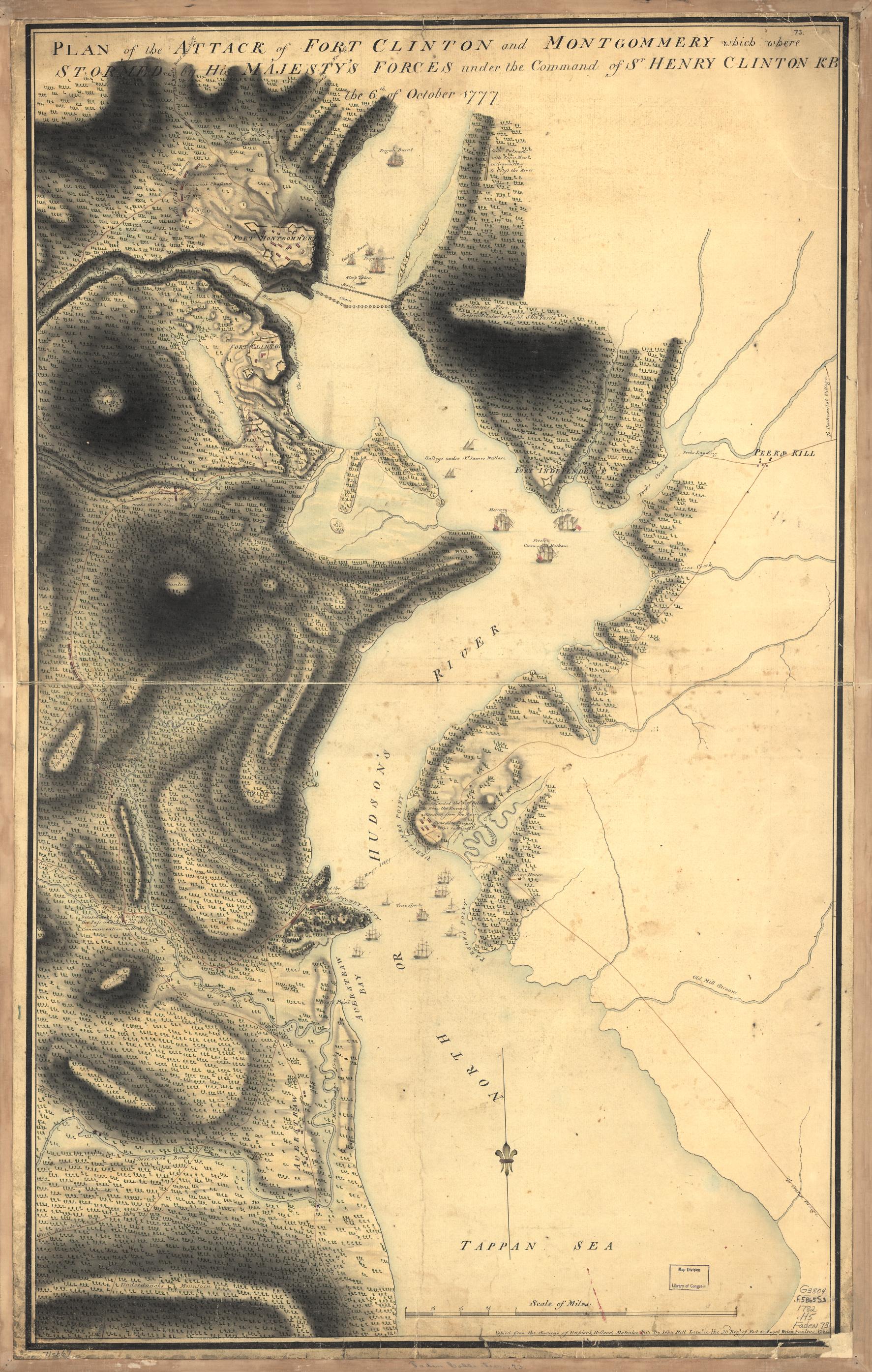 Hills, John. Plan of the attack of Fort Clinton and Montgomery which where sic stormed by His Majesty’s forces under the command of Sr. Henry Clinton, KB, the 6th of October. 1782. Map. Library of Congress.