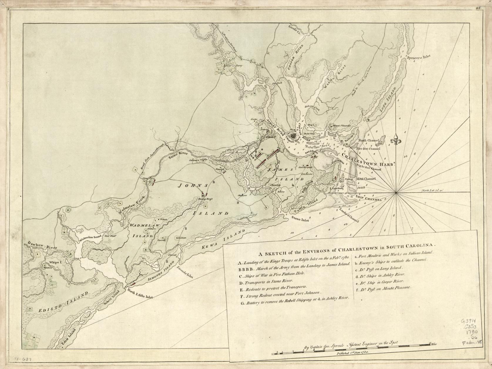 Sproule, Geo. F. A sketch of the environs of Charlestown in South Carolina. [N.P, 1780] Map.