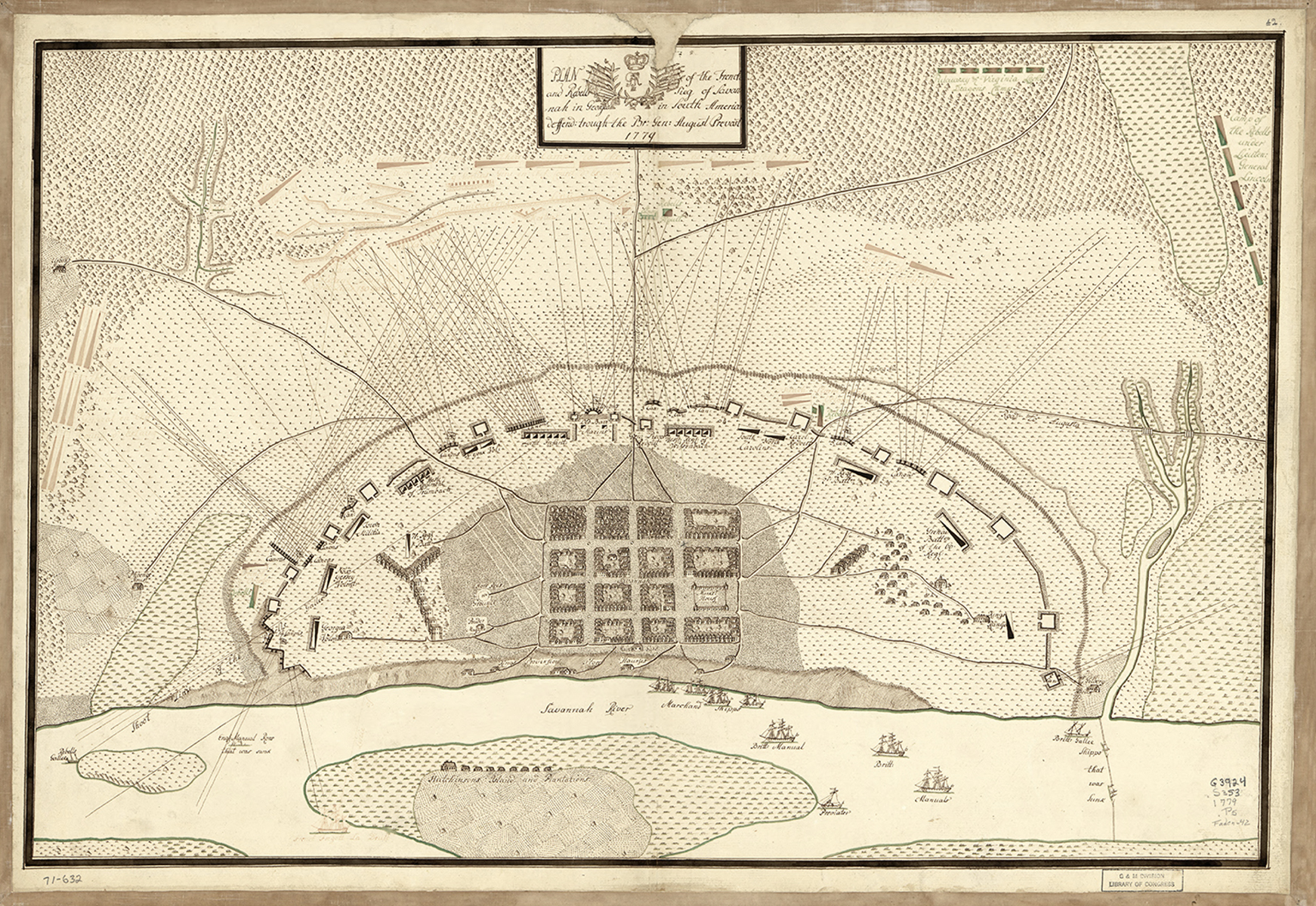 Prévost, Augustine, Approximately. Plan of the French and rebells siege of Savannah in Georgia, in South sic America, deffend: through the Br: Gen: August Prevost. [1779] Map. Library of Congress.