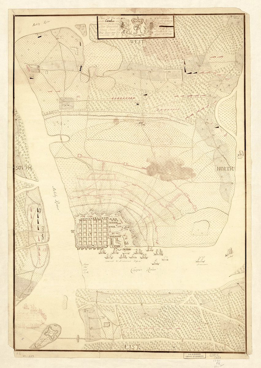 Fennigan, Patrick. Plan of the siege of Charles Town in South Carolina under command of His Excellence Sir Henry Clinton and under direction of … Collonel Mount-Crieff as chief ingener, this town was surrendered with capitulation the 12. Mayafter 6 weeks and 3 days siege. [1780] Map. Library of Congress.