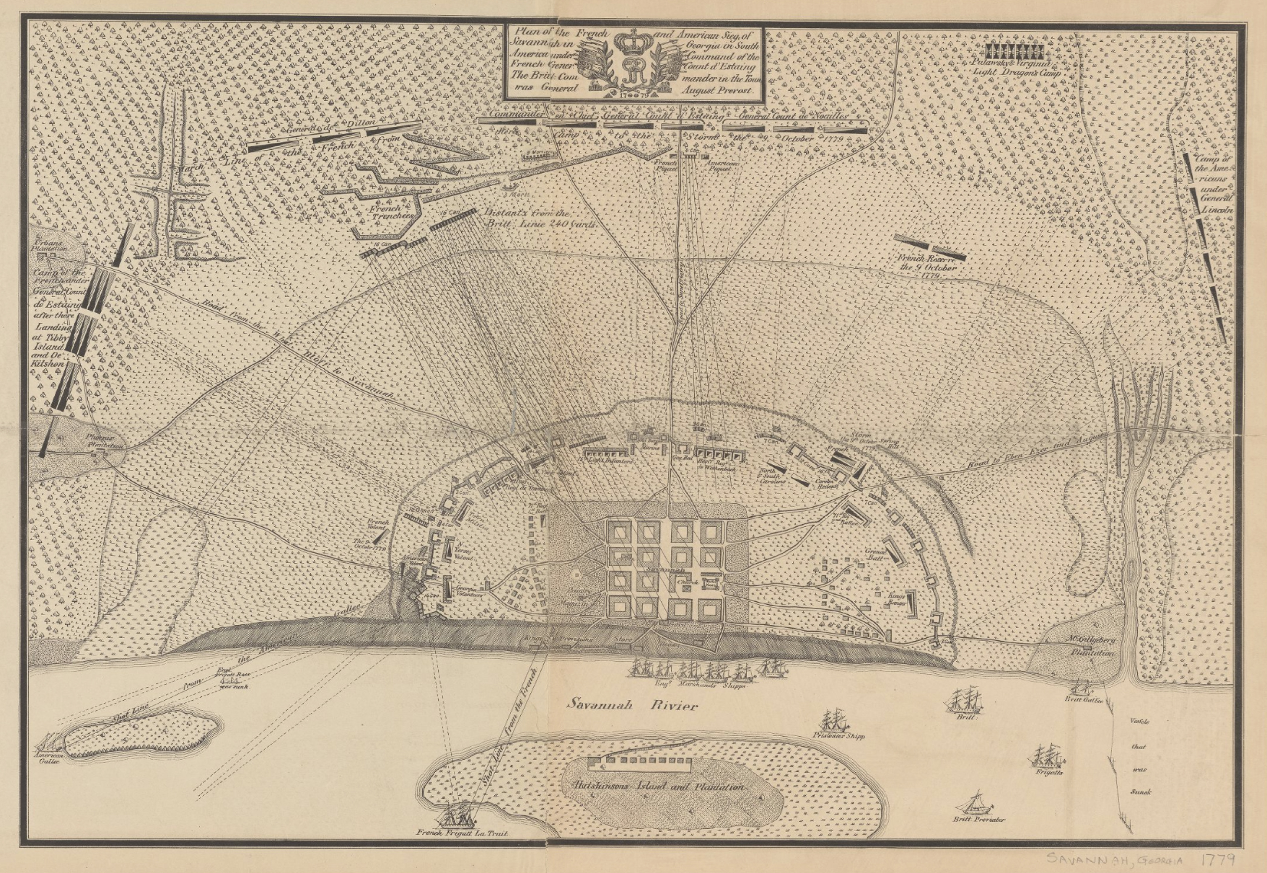 Lionel Pincus and Princess Firyal Map Division, The New York Public Library. “Plan of the French and American sieg of Savannah in Georgia south in America under command of the French gener. Count d’Estaing: the Britt. commander in the town was general August Prevost, 1779” New York Public Library Digital Collections.
