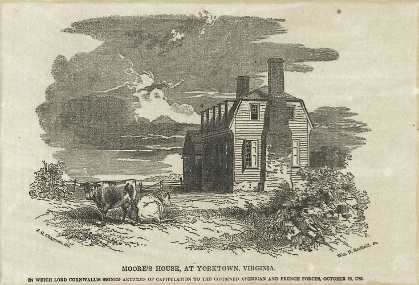 The Miriam and Ira D. Wallach Division of Art, Prints and Photographs: Print Collection, The New York Public Library. “Moore’s house, at Yorktown, Virginia. In which Lord Cornwallis signed articles of capitulation to the combined American and French forces, October 19, 1781” New York Public Library Digital Collections.