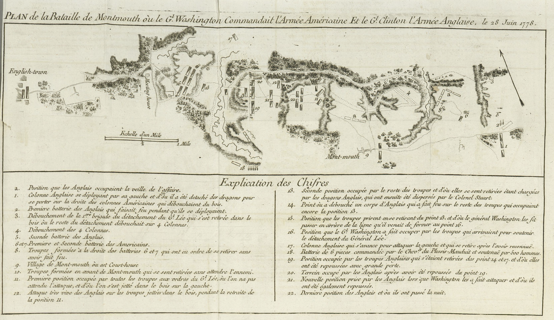 Lionel Pincus and Princess Firyal Map Division, The New York Public Library. “Plan de la Bataille de Montmouth où le Gl. Washington, commandait l’armée Américaine et le Gl. Clinton l’armée Anglaise, le 28 Juin 1778” New York Public Library Digital Collections.