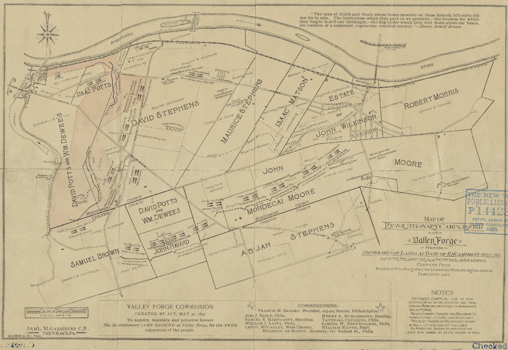 Lionel Pincus and Princess Firyal Map Division, The New York Public Library. “Map of revolutionary camp ground at Valley Forge: showing ownership of lands at date of encampment (1777-78) and at the present time : also the defences so far as known : compiled from records of Phila. Montg. and Chester counties Penna., and original surveys : February 1897” New York Public Library Digital Collections.