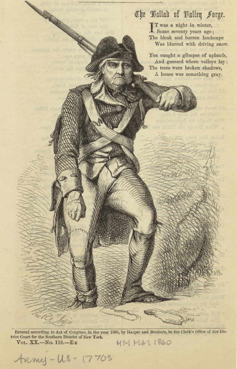 The Miriam and Ira D. Wallach Division of Art, Prints and Photographs: Picture Collection, The New York Public Library. “Continental Army soldier at Valley forge, Pa” New York Public Library Digital Collections.