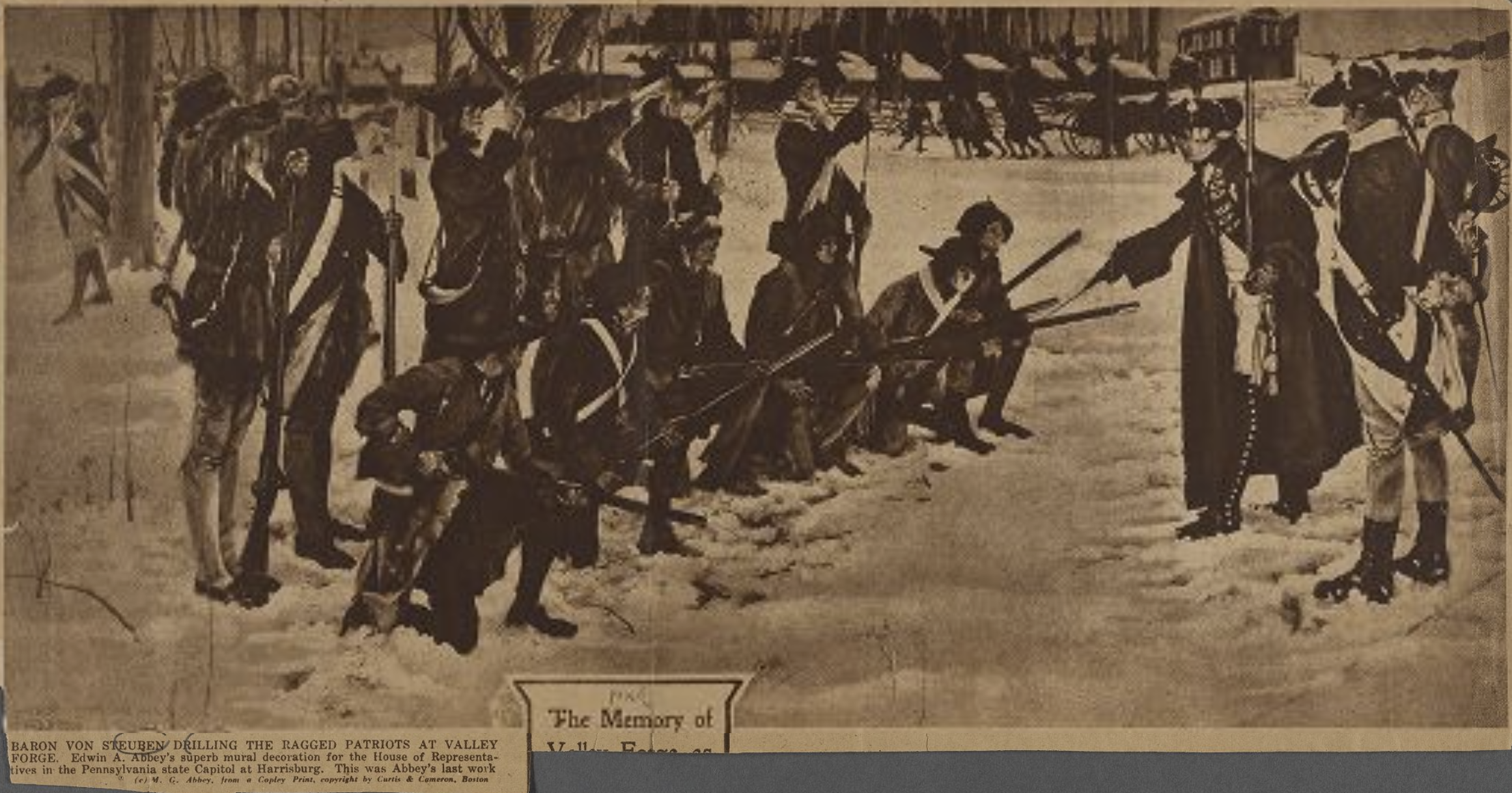 The Miriam and Ira D. Wallach Division of Art, Prints and Photographs: Print Collection, The New York Public Library. “Baron von Steuben drilling the ragged patriots at Valley Forge. Edwin A. Abbey’s superb mural decoration for the House of Representatives in the Pennsylvania state capitol at Harrisburg. This was Abbey’s last work.” New York Public Library Digital Collections.