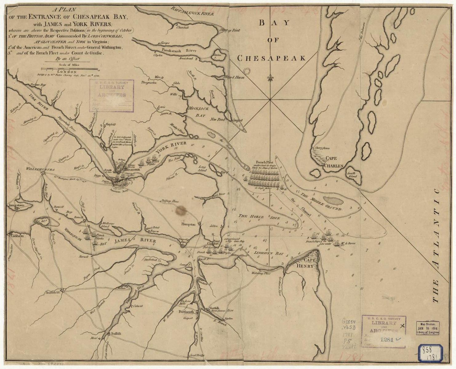 Faden, William. A Plan of the entrance of Chesapeak Bay, with James and York rivers; wherein are shewn the respective positions in the beginning of October 1.⁰ of the British Army commanded by Lord Cornwallis at Gloucester and York in Virginia; 2.⁰ of the American and French forces under General Washington; 3.⁰ and of the French Fleet under Count de Grasse. London, Wm. Faden, 1781. Map. Library of Congress.