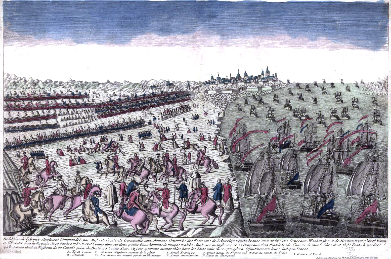 Mondhare. Reddition de l’Armée angloises commandée par Mylord Comte de Cornwallis aux armees combinées des Etats Unis de l’Amérique et de France aux ordres des Generaux Washington et de Rochambeau a Yorck Touwn et Glocester dans la Virginie, le 19 Octobre. [Paris ?, 1781] Map.