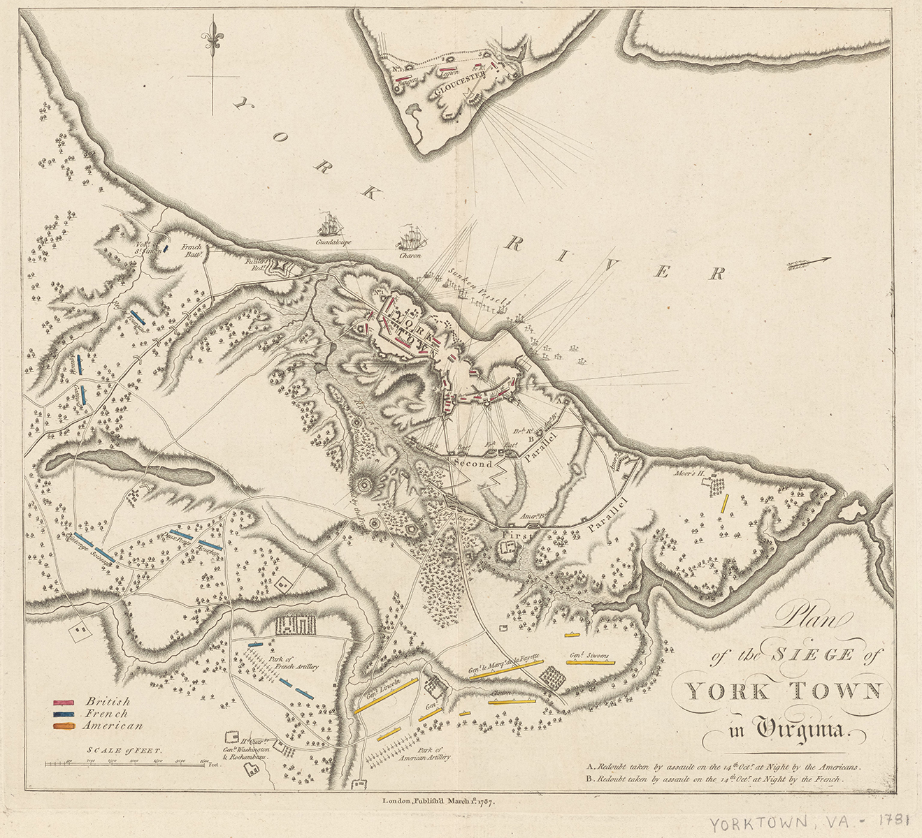 Le Rouge, Georges-Louis. Plan de l’armée de Cornwallis attaquée et faitte prisonière dans York Town, le 19 8bre par l’armée combinée francaise et americaine. Paris, Chez Le Rouge, 1781. Map. Library of Congress.