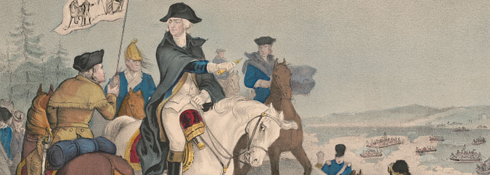 Historical illustration of George Washington on a white horse, surrounded by Continental Army officers and soldiers overlooking a river with military boats.
